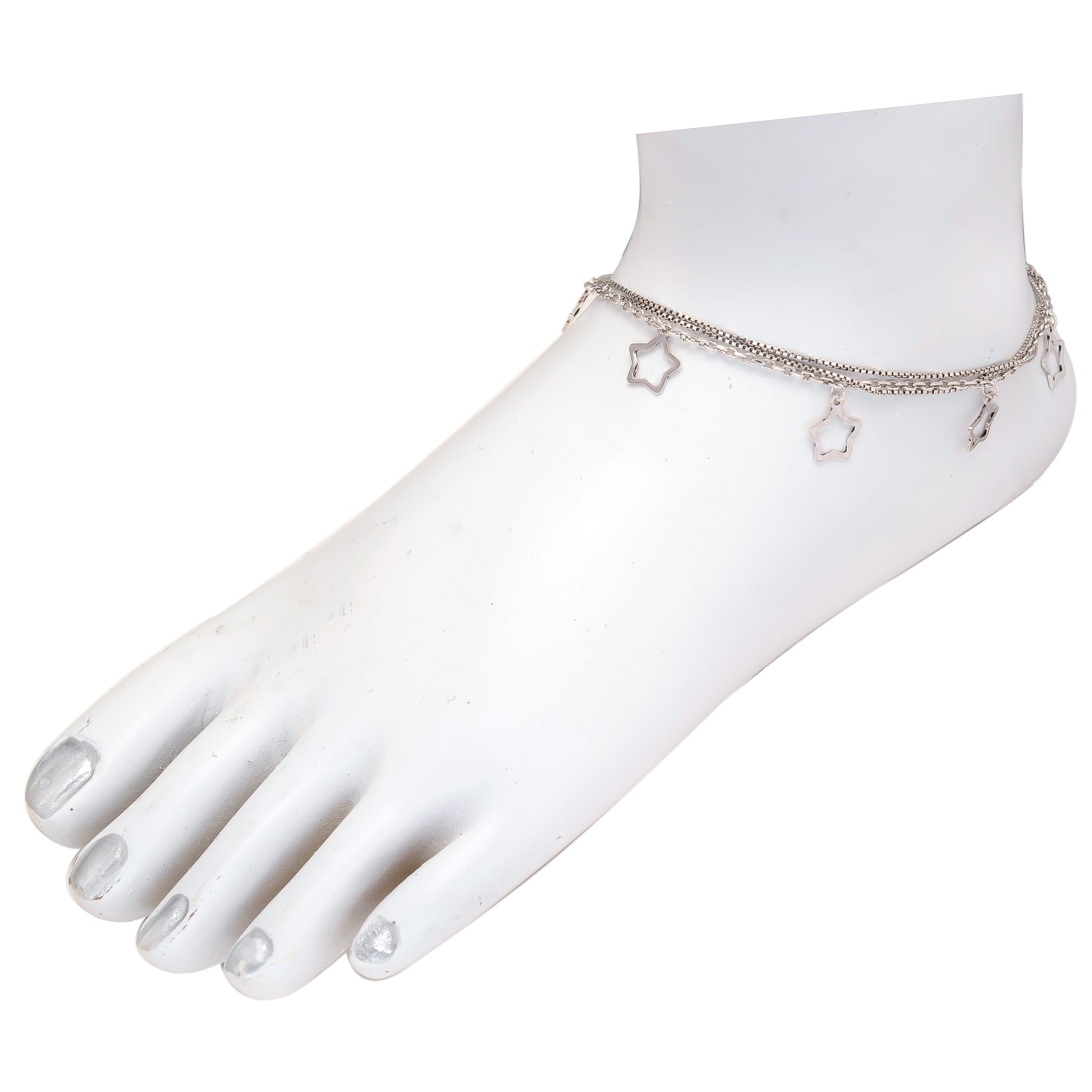 HALLMARK 925 Sterling Silver Triple Layer Italian Chain With Silver Stars Adjustable Anklet