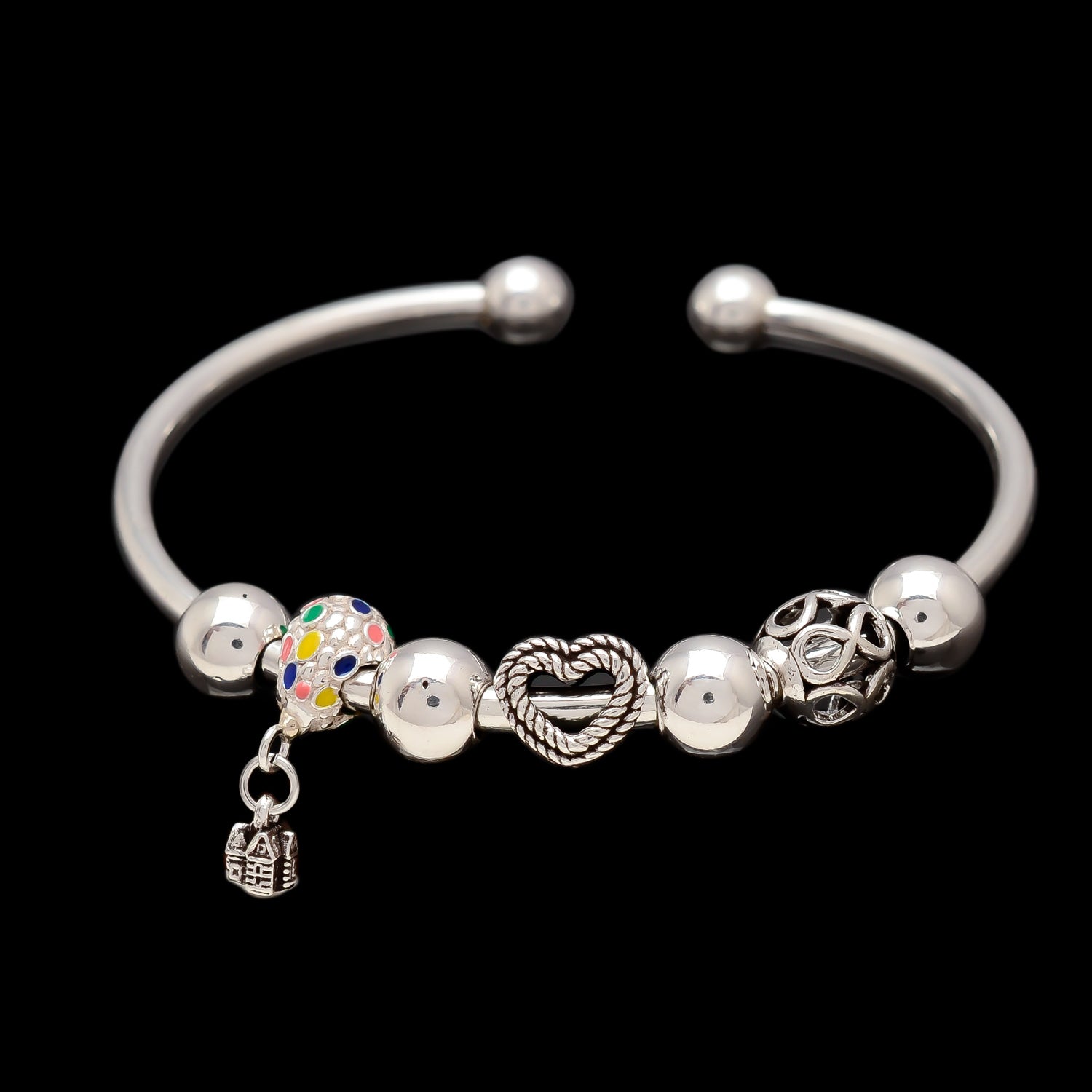 925 Sterling Silver Girls Childhood Charm Bangles Rainbow Heart Beaded For Women