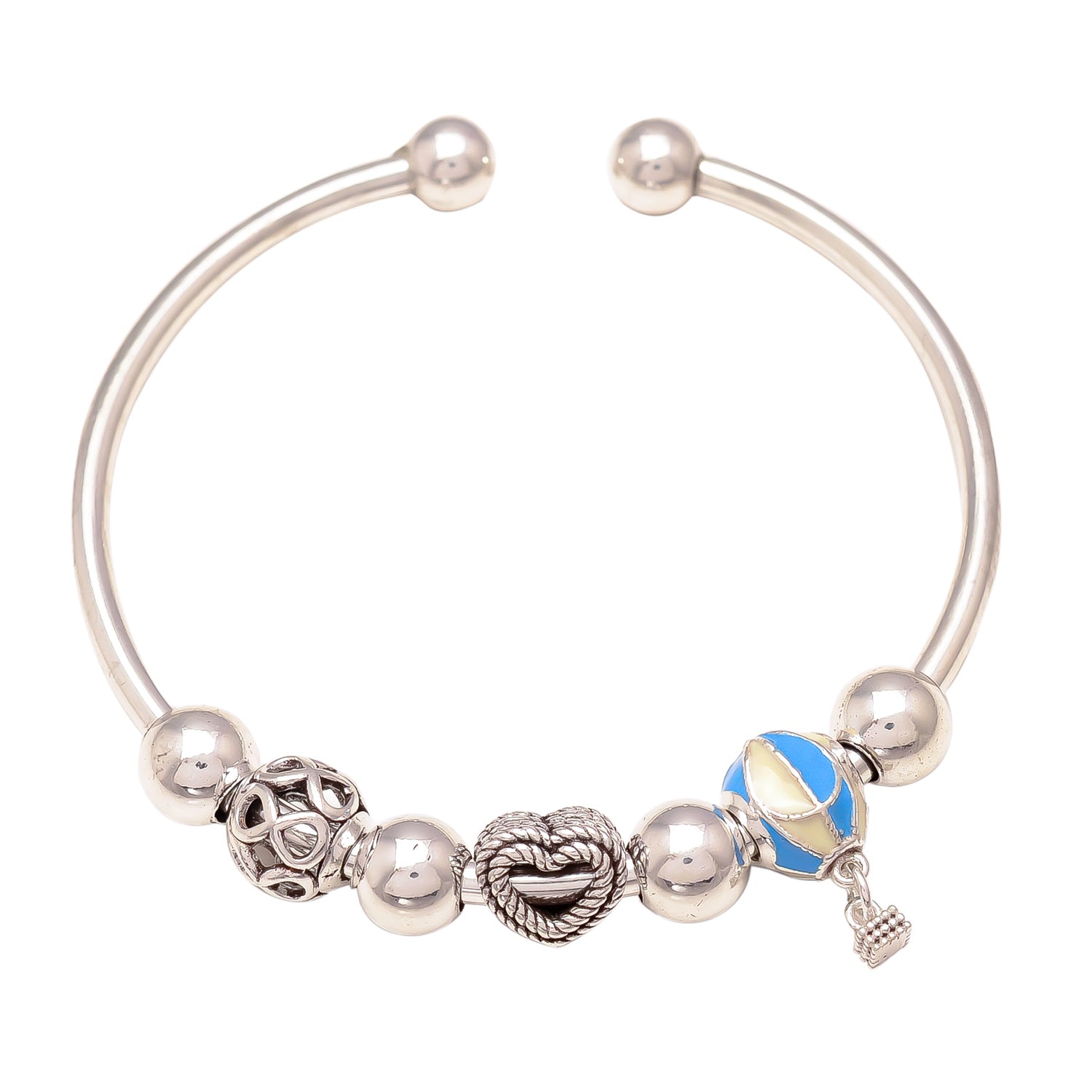 925 Sterling Silver Charm Bangles Rainbow Heart Beaded Bangles For Women, Girls