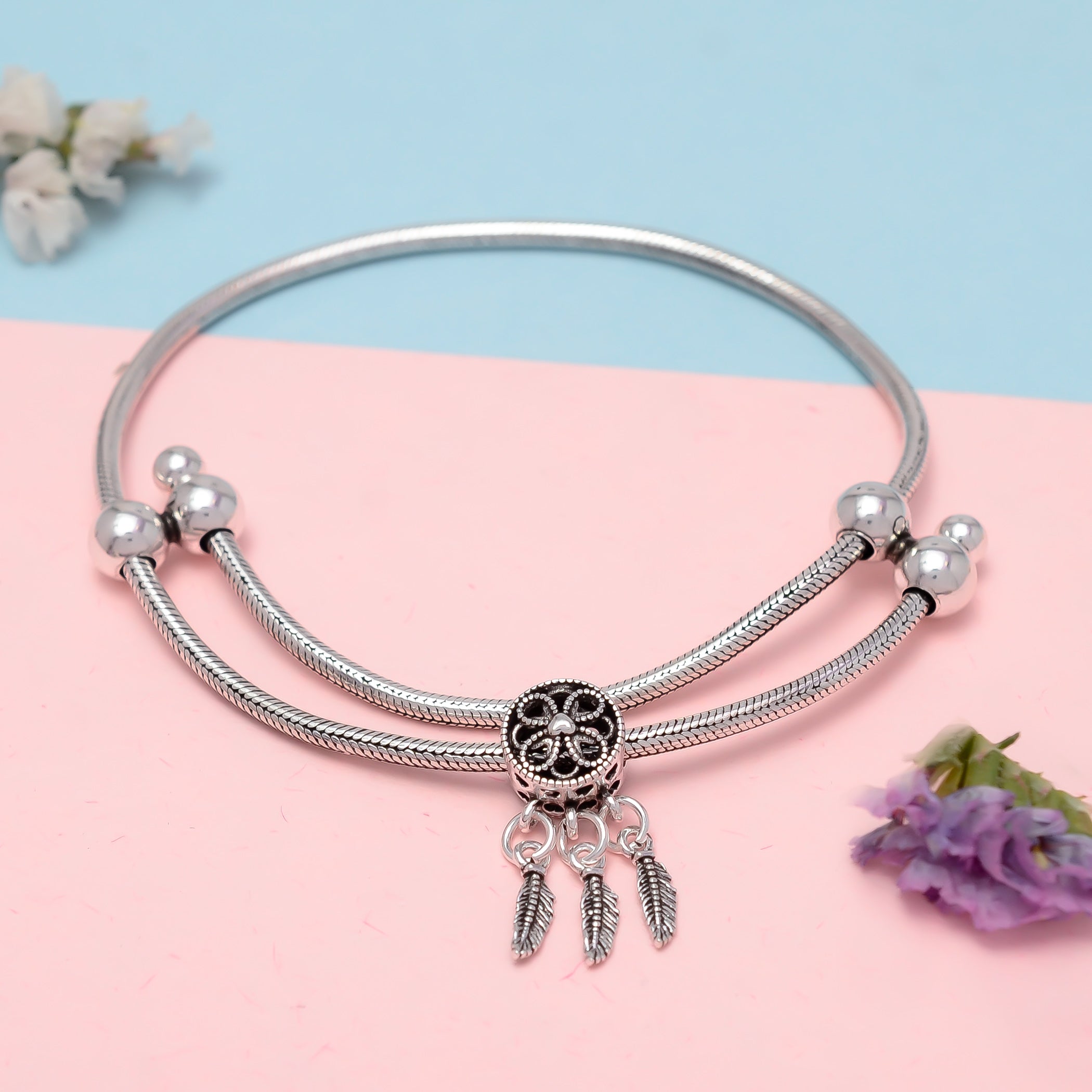 HALLMARK 925 STERLING SILVER FLOWER WINGS ADJUSTABLE BRACELET