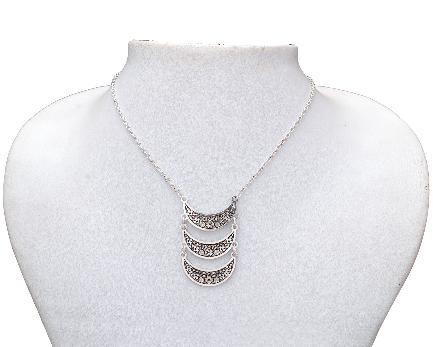 HALLMARK 925 SILVER Alilang Vintage Egyptian Crescent Moon Shaped Bib Adjustable Statement Necklace, Silver