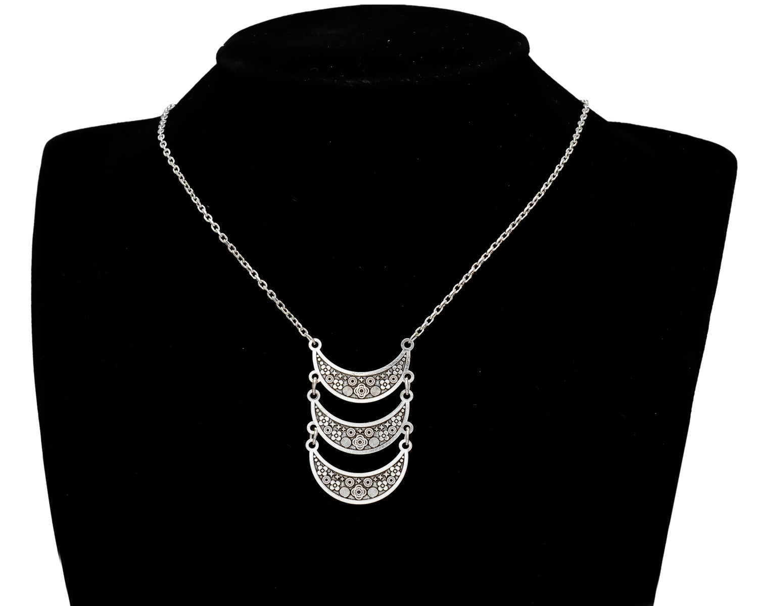 HALLMARK 925 SILVER Alilang Vintage Egyptian Crescent Moon Shaped Bib Adjustable Statement Necklace, Silver