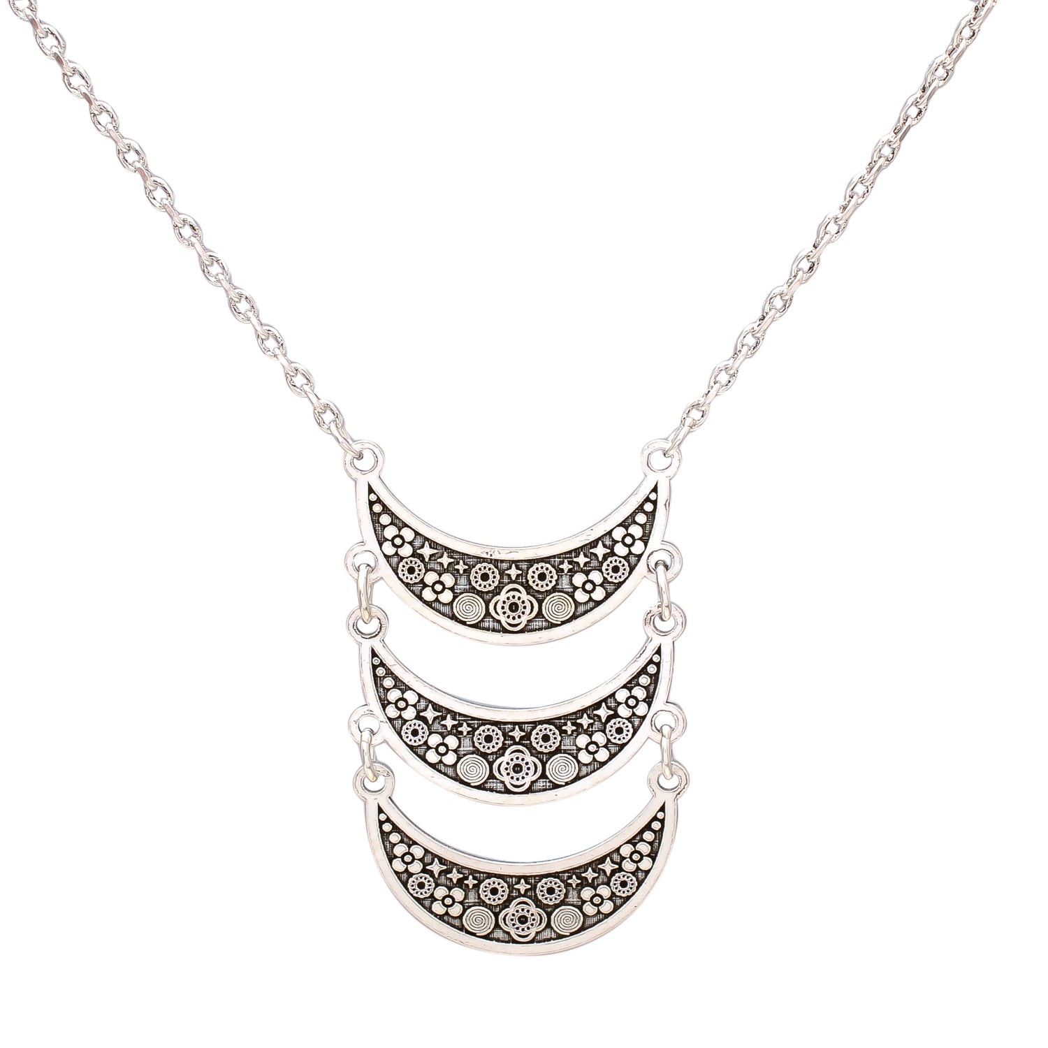 HALLMARK 925 SILVER Alilang Vintage Egyptian Crescent Moon Shaped Bib Adjustable Statement Necklace, Silver